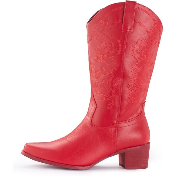 Women's Red Pointy Toe Faux Leather Western Cowgirl Mid Calf Boots - Picture 6 of 7